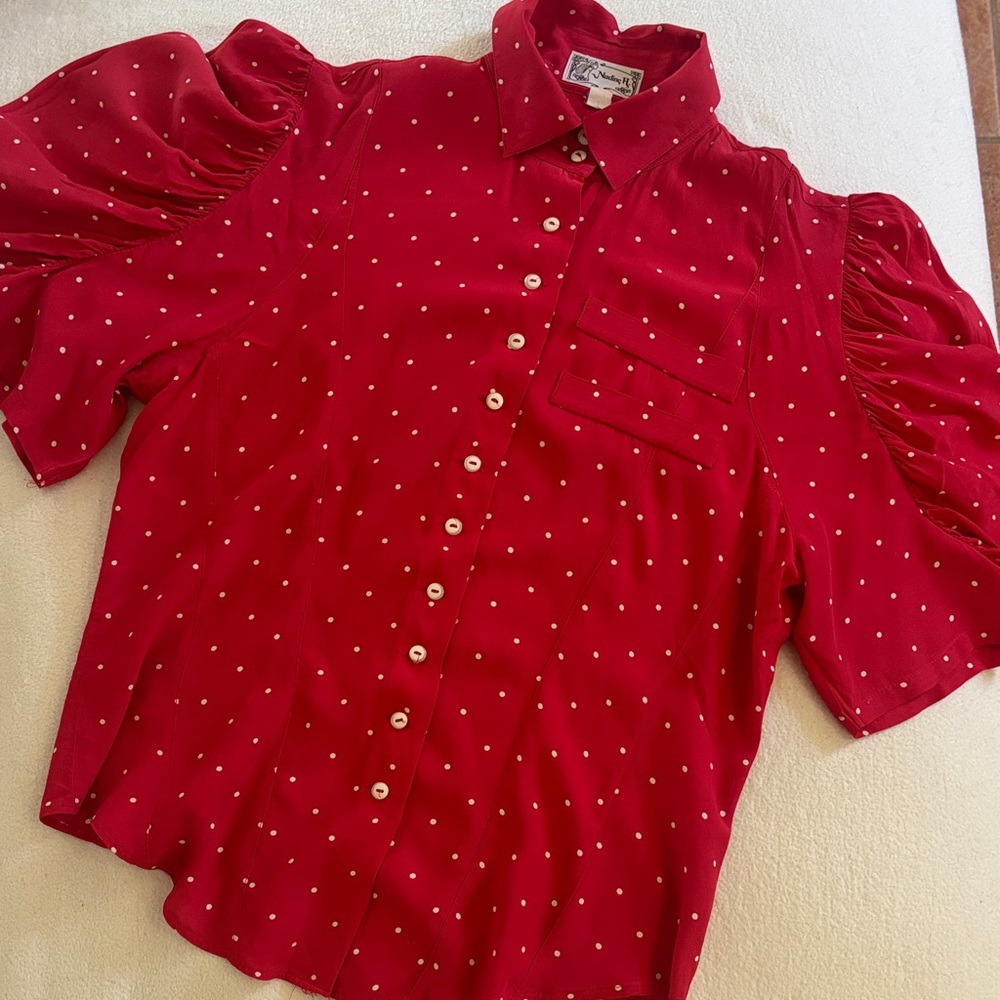Elegant Red Blouse with Polka Dots